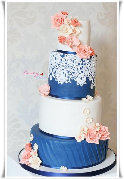 navy, ivory and coral wedding cake - Cake by Emmy 