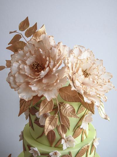 Pink Ruffles and Peonies with Rose Gold  Wedding Cake - Cake by Alpa Boll - Simply Alpa