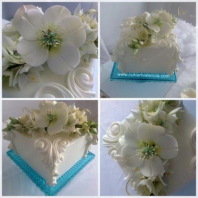 Christmas Rose and Star of Bethlehem Bouquet Square Cake - Cake by Blooming Sugar Art by Cukiart