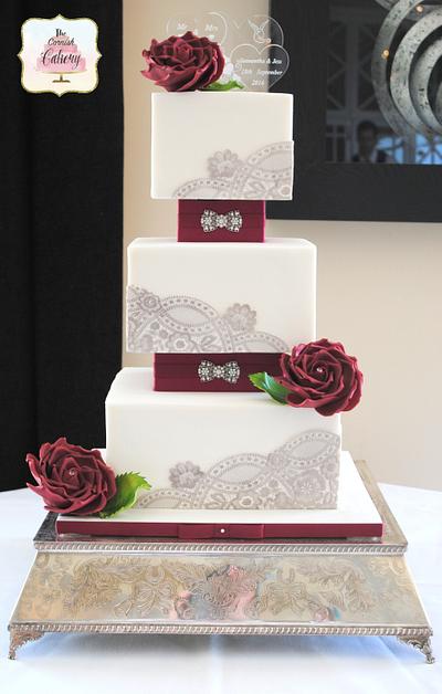 Burgundy Roses and Bows - Cake by The Cornish Cakery