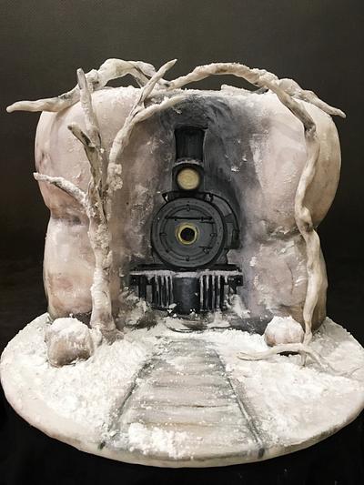 Handpainted train and snow cake - Cake by  Sue Deeble