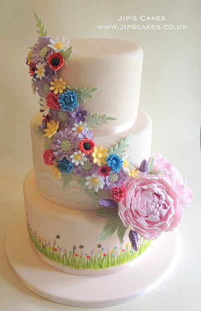 Meadow flowers and peonies wedding cake - Cake by Jip's Cakes