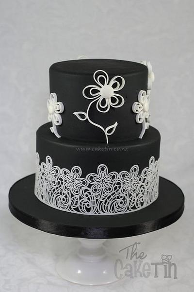 Black and White with Lace and Quilled Flowers - Cake by The Cake Tin