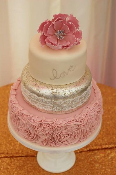 Ruffle and antiqued silver leaf wedding cake with open peony - Cake by TLC