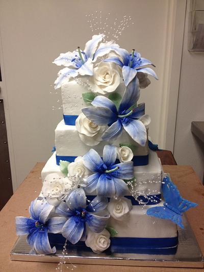 Blue Lily Wedding Cake - Cake by Kristina and Michelle's Cakes