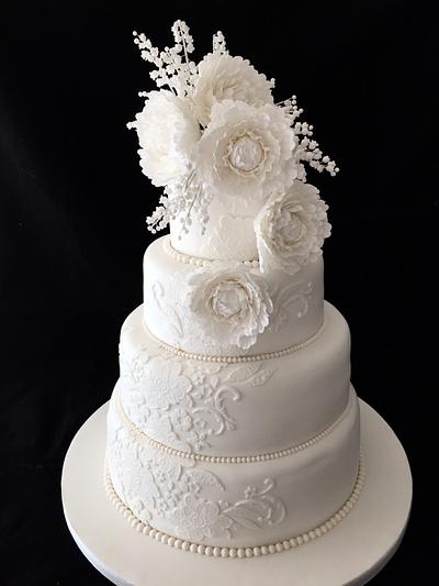White peony and lace wedding cake - Cake by Galatia