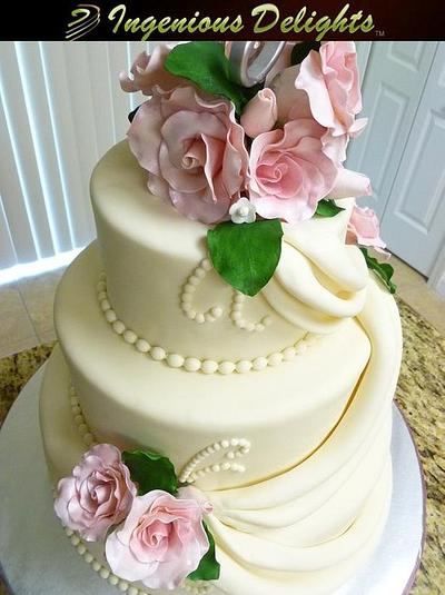 Delicate Beige with pink roses wedding cake - Cake by Ingenious Delights