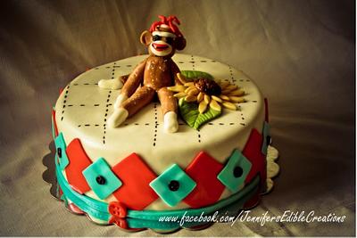 Sock Monkey Argyle Cake with Sunflower - Cake by Jennifer's Edible Creations