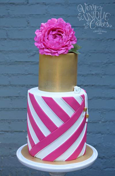 Hot Pink Peony & Crisscross Stripes! - Cake by Very Unique Cakes by Veronique 