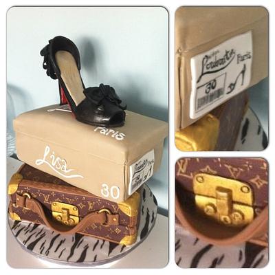 Louboutin shoe on Louis Vuitton case  - Cake by Nicky Gunn