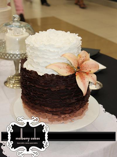 2 Tier Brown ombre ruffle wedding cake with lilly - Cake by Malberry Cakes