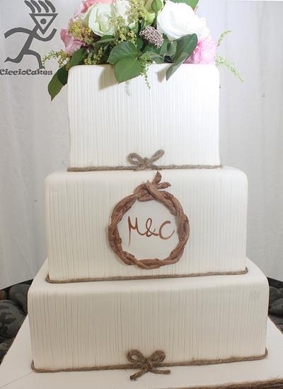 Rustic Romantic Wedding Cake with vertical line detailing and edible twig monogram - Cake by Ciccio 