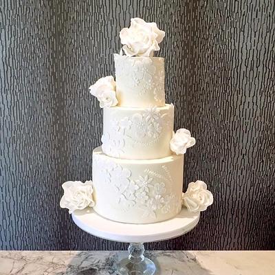 White on Ivory lace wedding cake - Cake by Divine Bakes