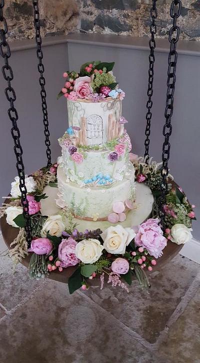 Alice in Wonderland Bas relief and Watercolour wedding cake - Cake by Kathryn