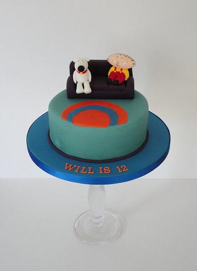 Family guy style cake, stewie and brian on the sofa - Cake by Krumblies Wedding Cakes