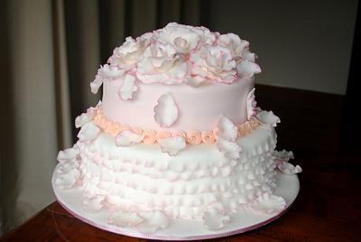 Pink white mud frill cake with gumpaste roses - Cake by Amelia's Cakes