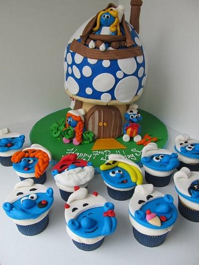 Smurf mushroom cottage home cake & matching cupcakes - Cake by Denise Frenette 