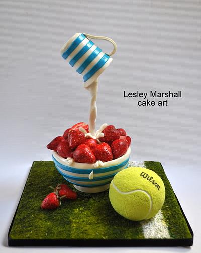 Great britain collaboration - strawberries & cream/tennis - Cake by Lesley Marshall cake art