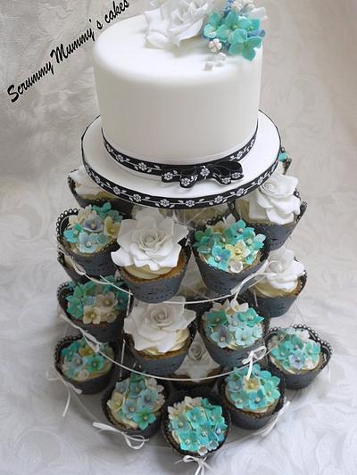 Aqua and White Wedding Cake and Matching Cupcake Tower - Cake by Scrummy Mummy's Cakes