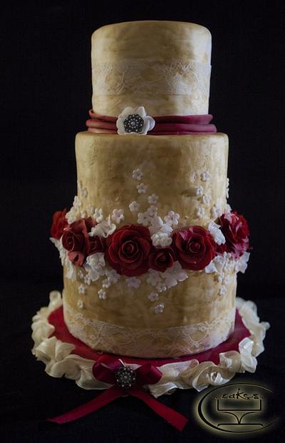 Gold and Maroon wedding cake - Cake by Komel Crowley