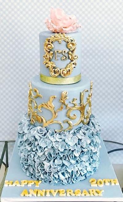 Wedgewood blue and gold with ruffles  - Cake by Tiers of joy 
