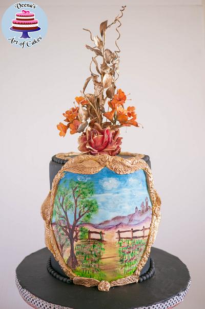 Black Hand Painted Landscape  - Cake by Veenas Art of Cakes 