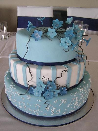 Wedding Cake with Blue Blossoms - Cake by Party Cakes by Dorinda Hartwig