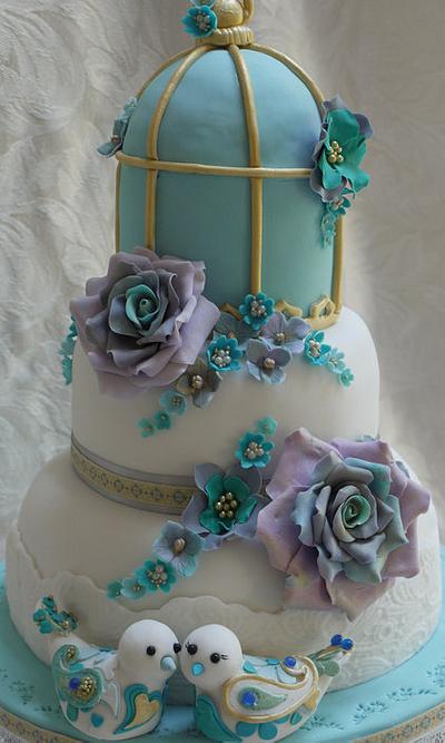 Lovebirds and birdcage golden wedding anniversary cake - Cake by Scrummy Mummy's Cakes