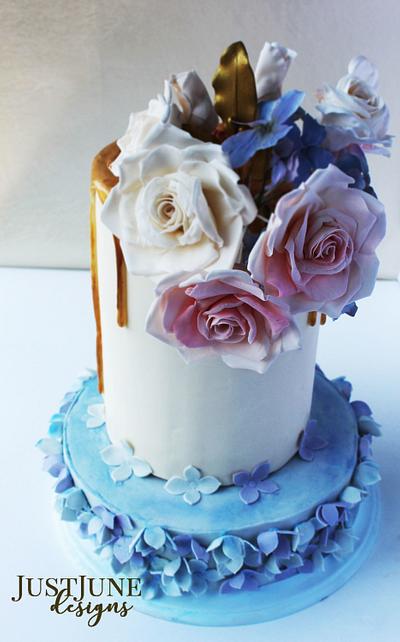 Gold Drip Rose and Hydrangea Cake - Cake by JustJune Designs