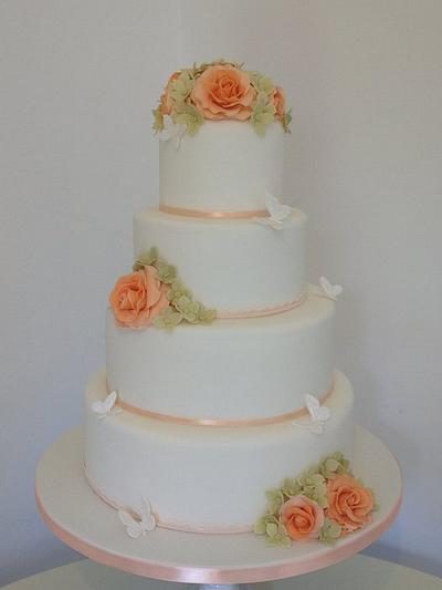 Peach Roses, Hydrangeas & Butterfly Wedding Cake - Cake by Cheryl Witcombe Thomas