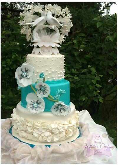 Teal and white Wedding - Cake by Sabrina - White's Custom Cakes 