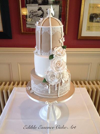 Vintage taupe and ivory birdcage wedding cake - Cake by Edible Essence Cake Art