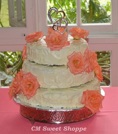 All Buttercream Wedding Cake with Coral Roses - Cake by CM Sweet Shoppe