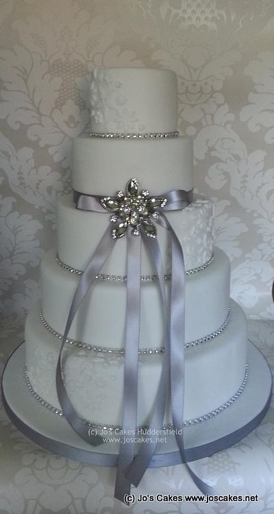 5 Tier Floral Applique Wedding Cake - Cake by Jo's Cakes