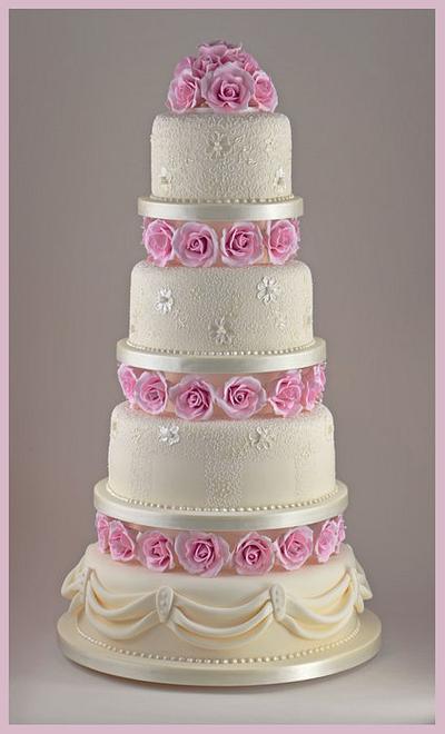 Romantic Rose and Lace Wedding Cake - Cake by Sandra Monger