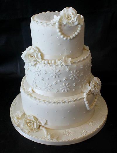 Three Tier Ivory Roses & Pearls Wedding Cake - Cake by Cakes by Lorna