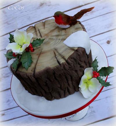 Christmas tree trunk with robin cake  - Cake by Lynette Brandl