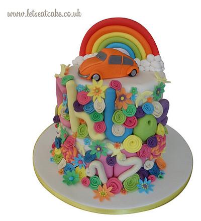 Flower Power Birthday Cake - with hancrafted edible beetle car and rainbow topper - Cake by Let's Eat Cake