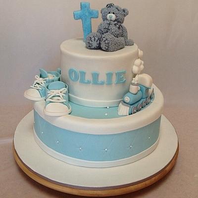 Taddy teddy, trains and booties baptism cake - Cake by Bianca Marras