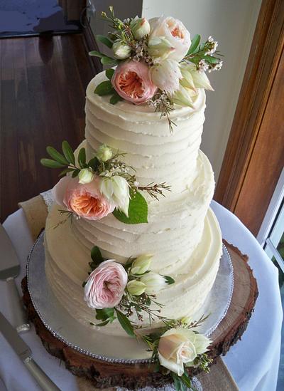 vintage rustic white chocolate wedding cake with fresh roses - Cake by elisabethscakes