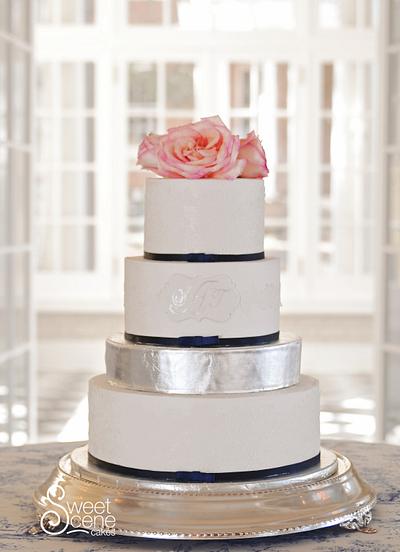 Lace, Silver and a touch of Navy - Cake by Sweet Scene Cakes