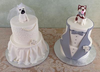 Bride and Groom cakes with dog toppers - Cake by Premier Pastry