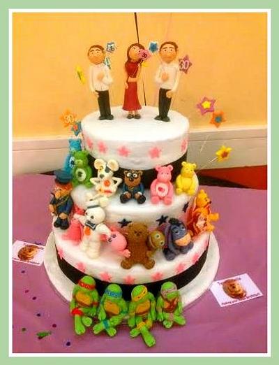 80's TV themed cake for Triplets 30th  - Cake by Jennifer Woracker
