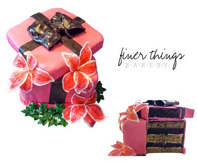 Gift Box Cake with Lilies - Cake by Finer Things Bakery