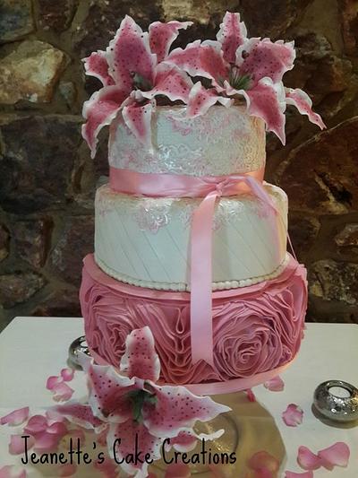 Stargazer lillies, ruffle rose and lace wedding cake for a friend of 38 years - Cake by Jeanette's Cake Creations and Courses