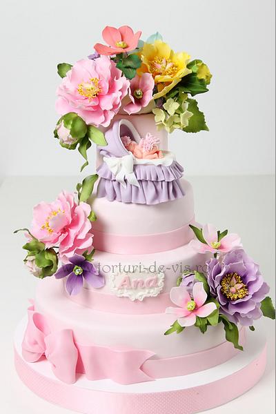 Pink Christening cake with flowers - Cake by Viorica Dinu