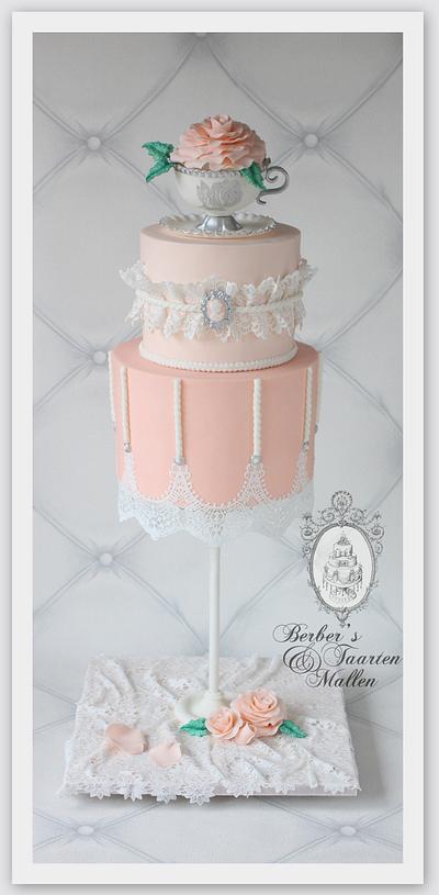 Pink and lace gravity defying cake - Cake by Berber's Cakes & Moulds