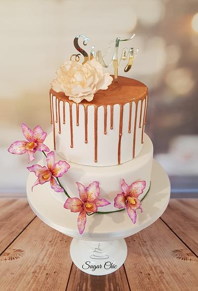 Rose-Gold Peony & Orchids Drip Cake - Cake by Sugar Chic