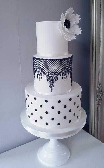 Black and White Lace Polka Dot Wedding Cake - Cake by Klis Cakery