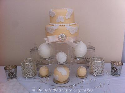 Lace appliqué cake with matching Sphere cakes - Cake by YaYa's Boutique Cupcakes